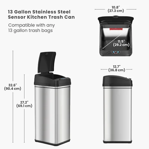 Miniatura 6 de iTouchless - Bote de basura de 13 galones con sensor a prueba de mascotas con filtro de olor AbsorbX, de acero inoxidable, con tapa que evita que