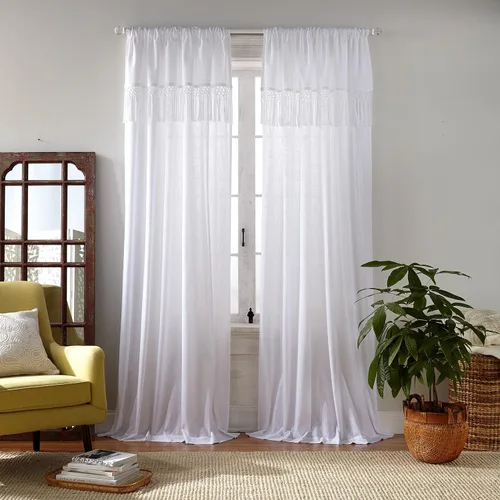 Miniatura 11 de Elrene Home Fashions Calypso - Cortina para ventana, de algodón semitransparente con borlas de macramé anudadas a mano, con bolsillo para barra, 52