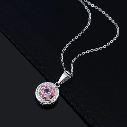 Miniatura 2 de Gem Stone King Collar con colgante redondo de plata de ley 925 con diamantes cultivados en laboratorio y zafiro azul para mujer