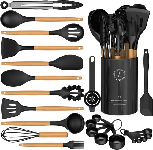 AVGPD Juego de utensilios de cocina de silicona – Utensilios de cocina de silicona para cocinar asas de madera, 446 °F resistentes al calor, juegos