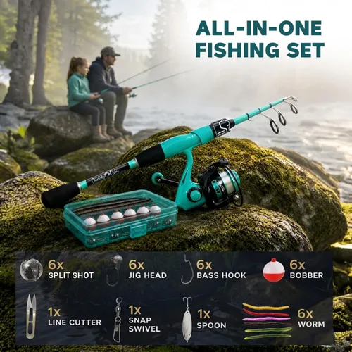 Miniatura 8 de DaddyGoFish Juego combinado de caña de pescar y carrete giratorio con caja de aparejos Caña de pescar para niños Kit de caña de pescar Menta