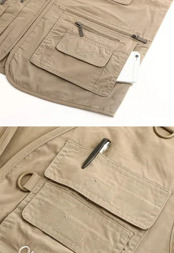 Miniatura 6 de Hbufnha Chaleco de viaje casual Safari para hombre, 16 bolsillos, chaleco de trabajo al aire libre, chaqueta sin mangas, chaqueta de pesca