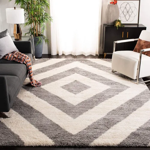 Miniatura 8 de SAFAVIEH Portofino Shag Collection - Alfombra para pasillo, 2 pies 3 pulgadas x 7 pies, color marfil y beige, diseño geométrico, no desprende pelusa