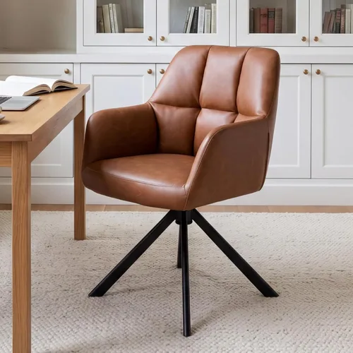 EALSON Cómoda silla de escritorio de cuero, moderna silla de trabajo para computadora, sin ruedas, silla giratoria con brazo de respaldo medio para