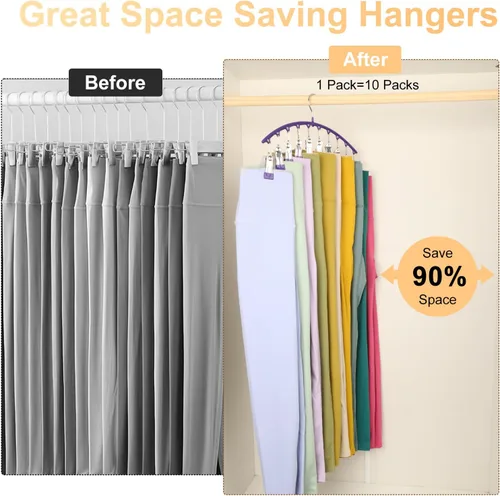Miniatura 4 de Organizador de leggings para armario, colgador de metal para pantalones de yoga con revestimiento de goma, paquete de 2 con 10 clips para 20 Morado