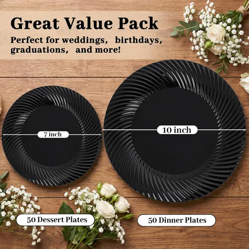Miniatura 3 de WELLIFE 100Pcs Black Plastic Plates For Party, Black Disposable Plates Include 50 Dessert Plates and 50 Dinner Plates For Wedding, Birthday
