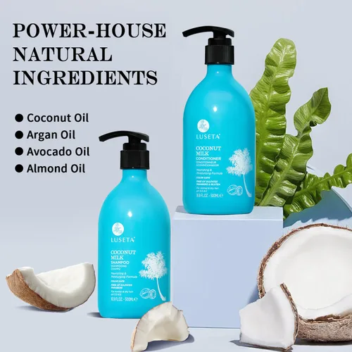 Miniatura 2 de L LUSETA Champú y acondicionador de leche de coco, nutritivo e hidratante para el cabello, sin sulfatos ni parabenos, queratina y seguro