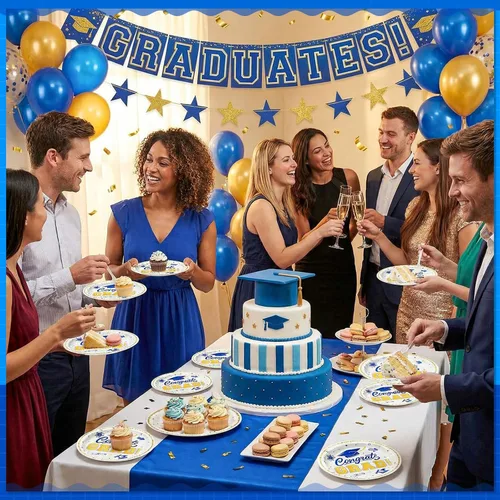 Miniatura 5 de Sabary 100 platos de postre de papel de graduación 2026, color azul y blanco, suministros para fiestas de graduación de 7 pulgadas, platos