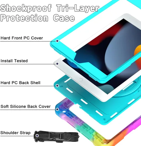 Miniatura 2 de LTROP Funda para iPad de 9ª/8ª/7ª generación (2021/2020/2019), Funda para iPad de 10.2" a prueba de golpes con correa para el hombro, soporte