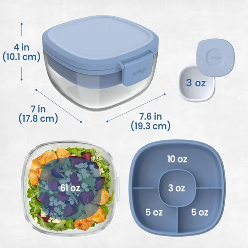 Miniatura 6 de Bentgo Recipiente de Ensalada de Vidrio Todo en Uno - Ensaladera Grande de 61 oz con Tapa, Bandeja Estilo Bento de 4 Compartimentos, Recipiente