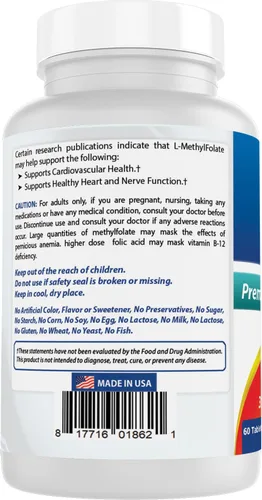 Miniatura 7 de Best Naturals Folato de metilo 15000 mcg (15 mg) (la mayoría biodisponible) 60 tabletas - Apoya la función de crecimiento de la formación celular