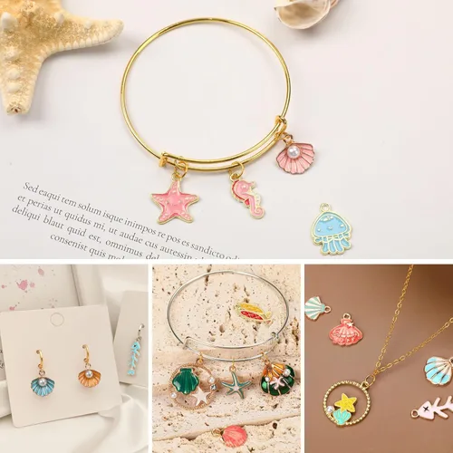 Miniatura 6 de MARFOREVER 120 dijes de mar con temática oceánica para la fabricación de joyas, esmalte dorado surtido de estrellas de mar y conchas marinas