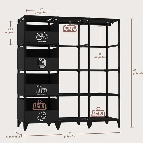 Miniatura 7 de Armario Portátil, Fácil Montaje, Armario Ropero de Gran Capacidad, Perchero de Ropa Resistente y Estable con Estantes, 4 Cestas de Almacenamiento