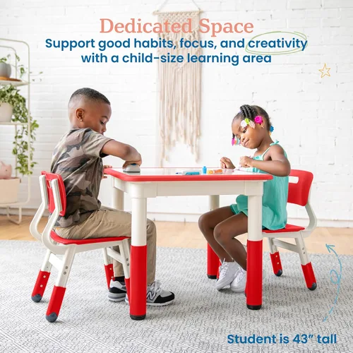Miniatura 3 de ECR4Kids Mesa de actividades rectangular de borrado en seco con 2 sillas, ajustable, muebles para niños, azul, 3 piezas Rojo