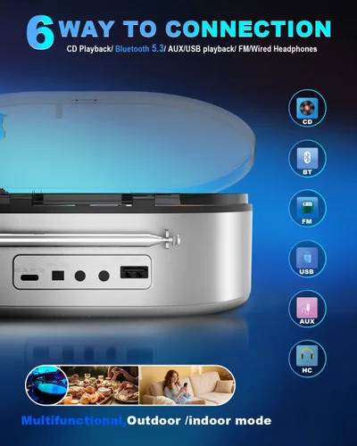 Miniatura 7 de Reproductor de CD portátil con altavoces estéreo duales, Boombox recargable de 4000mAh de escritorio Bluetooth 5.3 para el hogar y el automóvil