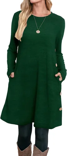 Miniatura 3 de OFEEFAN - Vestido de invierno con manga larga, bolsillos y botones laterales para mujer