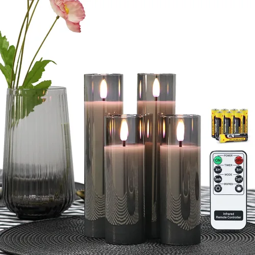Rhytsing Velas LED de vidrio que funcionan con pilas, velas delgadas sin llama con control remoto, luz blanca cálida, 8 baterías incluidas, D 2 Gris