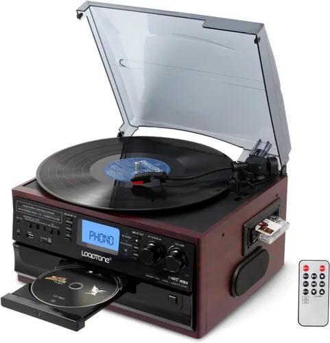 LoopTone 10 en 1 Reproductor de discos de vinilo Bluetooth con entrada/salida 3 velocidades Tocadiscos vintage CD Player Cassette Radio AM/FM 2