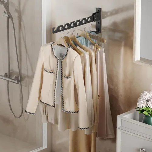 Miniatura 4 de Dr.DJ Soporte para colgar abrigos de pared, organizador de secado de ropa negra, ganchos de aluminio, retráctiles, plegables, para interiores