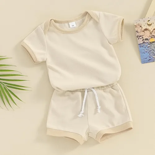 Miniatura 6 de Ropa de verano para recién nacido, ropa acanalada de manga corta, pantalones cortos de cintura elástica sólida, traje de primavera
