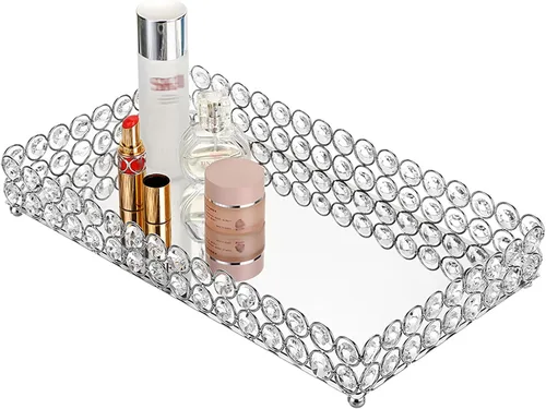 Miniatura 9 de Hipiwe Bandeja organizadora de joyas decorativa con espejo para perfumes, baratijas, exhibidor de maquillaje, tocador y decoración del hogar Plata
