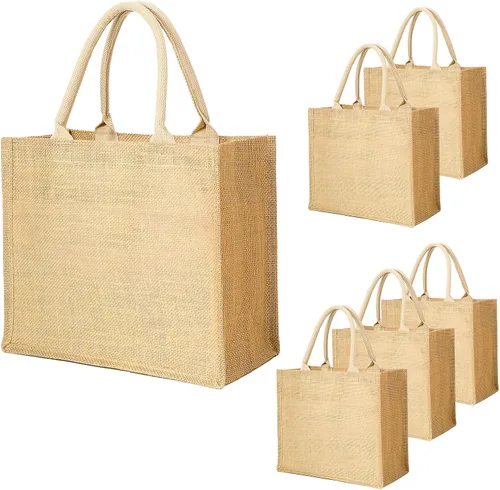 Miniatura 15 de Segarty Bolsa de arpillera, paquete de 6 bolsas grandes reutilizables de lona de yute con asas, bolsas de mano en blanco a granel para damas