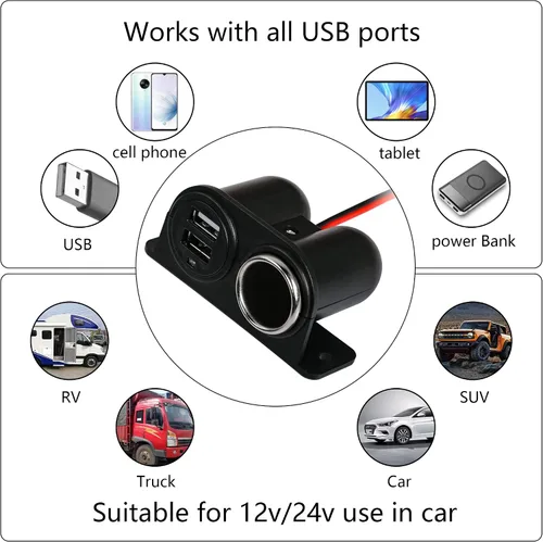 Miniatura 4 de Enchufe USB para encendedor de cigarrillos de 12 V, doble salida USB con cubierta para encendedor y cable, para automóvil, camión, RV, teléfono, etc