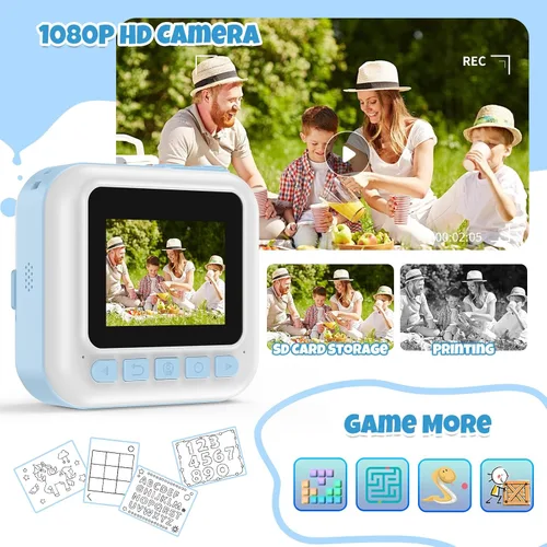 Miniatura 3 de Cámara para Niños Varones, Cámara de Juguete Portátil de Impresión Azul para Niños Pequeños 1080P Cámaras de Video Niños Cámara de Impresión