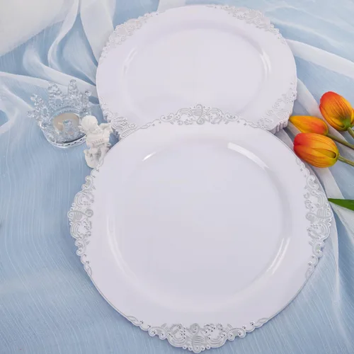 Miniatura 8 de Hioasis 100 platos de plástico blanco y plateado para fiestas, platos de postre de 7.5 pulgadas, desechables, resistentes, elegantes y elegantes