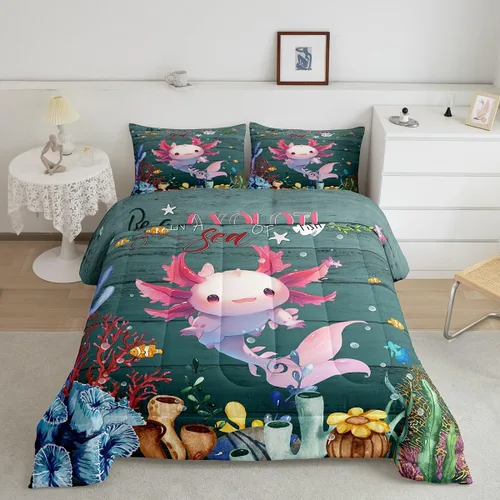 Miniatura 7 de Erosebridal Juego de edredón de ajolote rosa Kawaii Walking Fish para niños, edredón de reptil de criatura bajo el mar, arrecife de coral