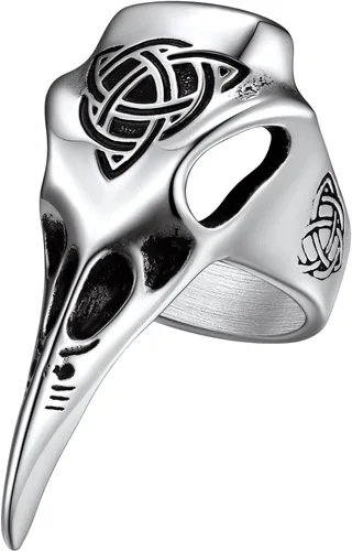 Richsteel Anillo de acero inoxidable con calavera de cuervo vikingo vikingo para hombres y mujeres, joyería gótica de protección nórdica (con caja