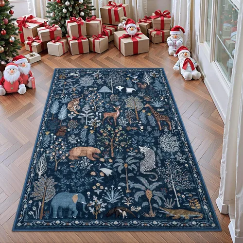 Miniatura 8 de OJIA Alfombras azules con estampado de selva de 5 x 7 pies para sala de estar, suaves, ultrafinas, lavables, para dormitorio, alfombra de entrada