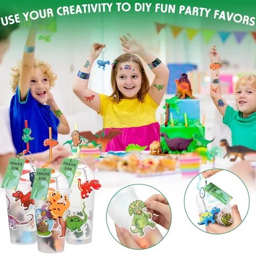 Miniatura 4 de Qilery 195 piezas de 16 invitados de dinosaurio para fiestas de cumpleaños para niños, incluye taza de plástico con tapa, pajita, llavero, pulsera