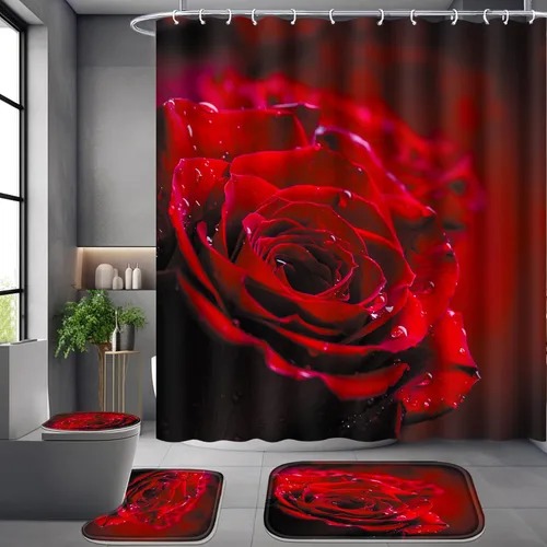 Miniatura 12 de Poedist Juego de 4 cortinas de ducha de baño, juego de cortina de baño con rosas azules, juegos de cortinas de ducha con alfombras