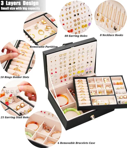 Miniatura 199 de Joyero de pendientes para mujeres y niñas, organizador de aretes de 5 capas, caja organizadora de joyas blanca con candado, collares y aretes