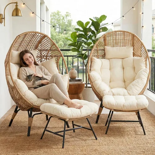 Miniatura 14 de NICESOUL Silla con forma de huevo de mimbre con otomano, silla de salón con cesta de huevo para interior y exterior con cojín, asiento de huevo