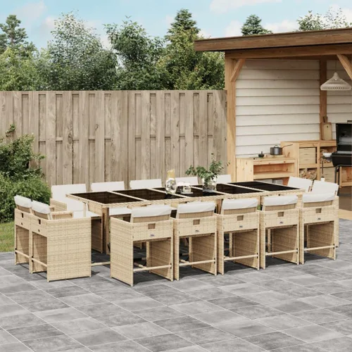 Miniatura 27 de 17-Piece Brown Poly Rattan Patio Dining Set with Cream White Cushions, Foldable Chairs and Tempered Glass Table for Outdoor Garden Backyard Patio