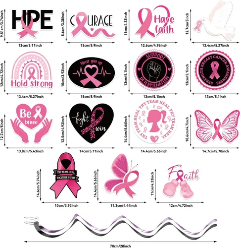 Miniatura 2 de 60 piezas de remolinos de fiesta de concientización sobre el cáncer de mama, cinta rosa, remolinos colgantes, esperanza, fuerza, coraje, fe, negro