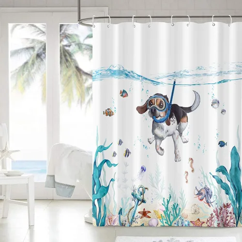 Miniatura 4 de Divertida cortina de ducha para perro, verde azulado, azul, mar, océano, impermeable, cortinas de ducha para baño con animales, pulpo, estrella
