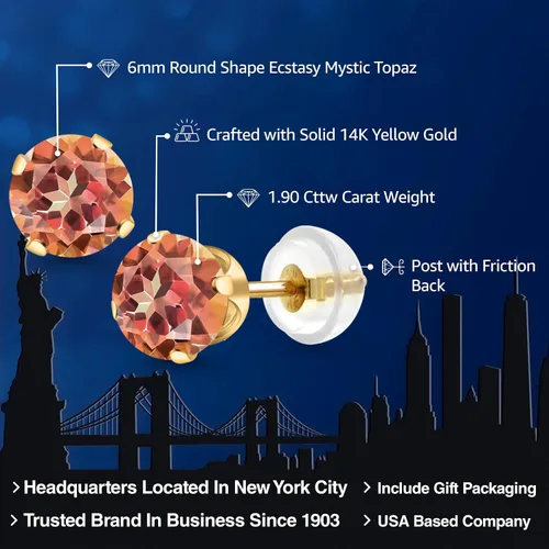 Miniatura 44 de Gem Stone King Aretes solitarios con piedra natal de oro de 14 quilates Redondos de 0.236 in Aretes de oro para mujeres y hombres