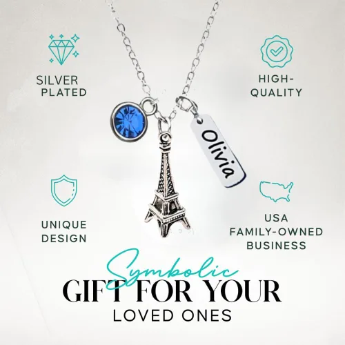 Miniatura 2 de Collar personalizado de la torre Eiffel, piedra natal personalizada con nombre grabado en la torre Eiffel, colgante de torre Eiffel para mujer