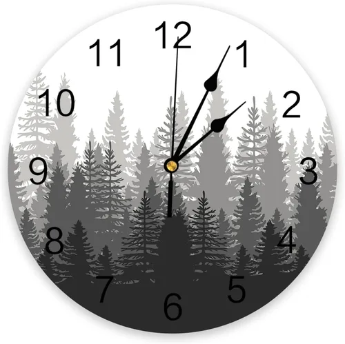 Miniatura 10 de Reloj de pared con árbol del bosque, funciona con pilas, reloj de pared silencioso de PVC sin tictac de 10 pulgadas, paisaje forestal brumoso, reloj