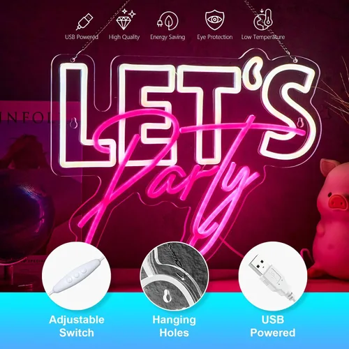 Miniatura 3 de Letrero de neón con texto en inglés "Let's Party", para decoración de pared, decoración de fiesta, luces LED de neón regulables por USB