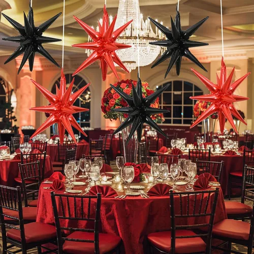 Miniatura 7 de HILAVO 6 unidades de Globos de Estrella Negros y Rojos, 22 Pulgadas, Globos de Aluminio Grandes en Forma de Estrella, Globos de Cono en Punta