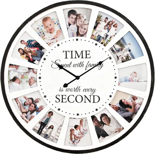 Miniatura 8 de Reloj de pared de madera rústica estilo granja con collage de 12 fotos, reloj de pared grande con fotos familiares para sala de estar, hogar