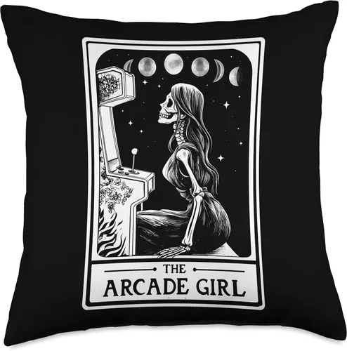 Miniatura 4 de The Arcade Girl Retro Arcade Gaming 80s Tarot Card Skeleton Throw Pillow