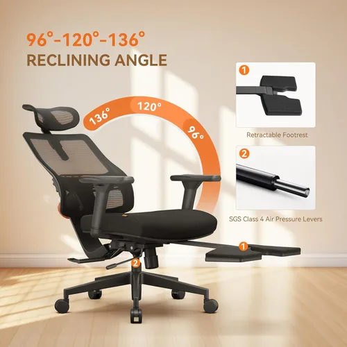 Miniatura 7 de Silla de oficina Newtral ergonómica con reposapiés, soporte lumbar autoajustable, silla de escritorio de respaldo alto con apoyabrazos 4D, bloqueo