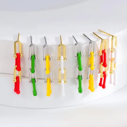 Miniatura 6 de Aretes de aro convertibles de oro para mujer Juego de aretes de aro de eslabones de plata de 14 quilates, esmalte Y2K, multicolor, rectangular