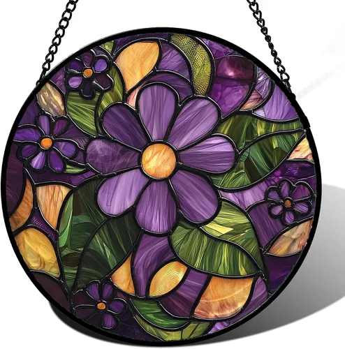 Colgante de Vidriera de Colores, Atrapasol de Flores Moradas y Verdes para Puerta, Decoración del Hogar, Plantas, Atrapasol, Navidad, Día de la