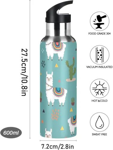 Miniatura 9 de BPA-Free Sports Water Bottle 20 Oz, Insulated Stainless Steel Water Bottle with Straw for Gym Outdoor Travel School, Cute Llamas Colorful